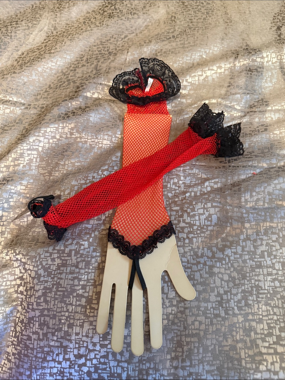 Red Fishnet Wrist Gloves with Black Lace Trim
